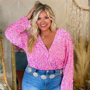 Viva La Dolly Pink Sequin Bodysuit